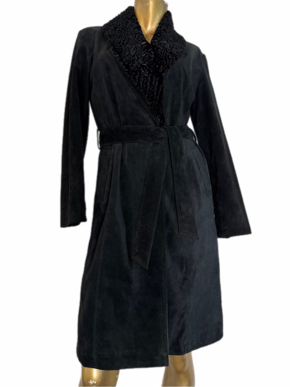 Y2K Vintage Valerie Stevens Suede Leather Faux Fur Collar Belted Coat size S